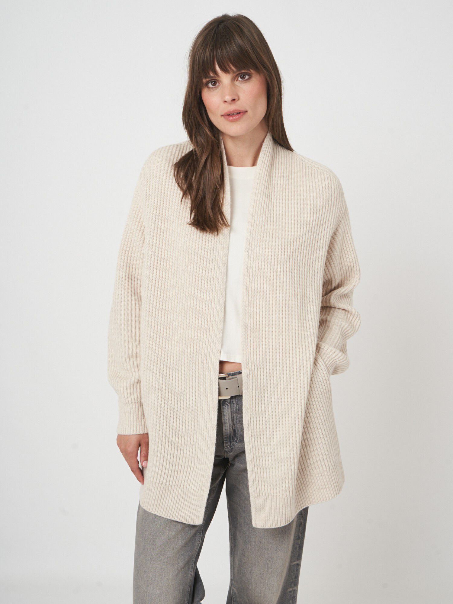 Open front merinowollen vest met ribstructuur afbeelding