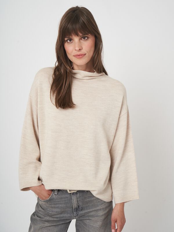 Pull mérinos femme — col montant & manches 3/4 élégantes image number 0