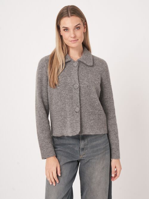 Cropped boucl&eacute; knit cardigan with polo neck