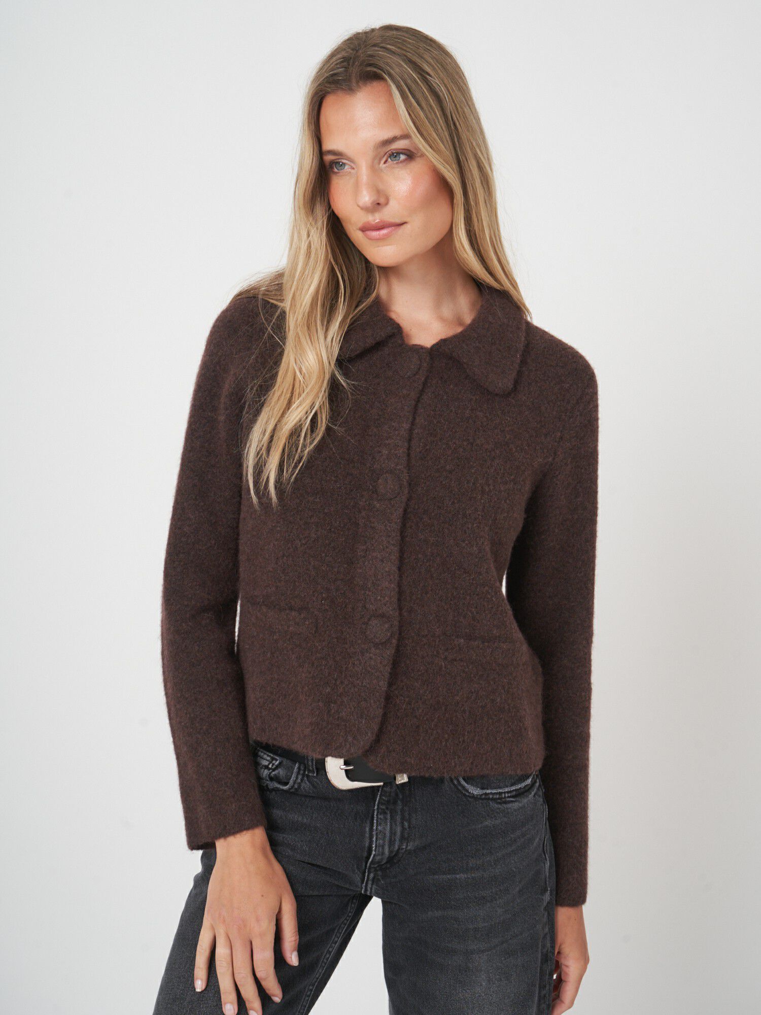 Luxe bouclé cardigan met polokraag afbeelding