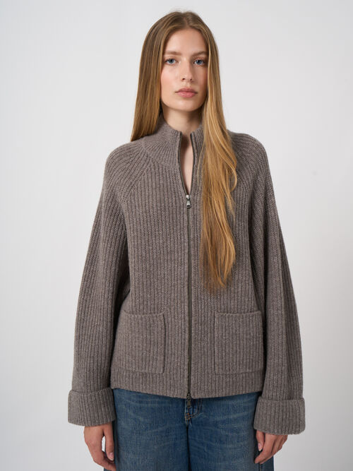 Italian Lambswool Rib-Knit Zip Cardigan