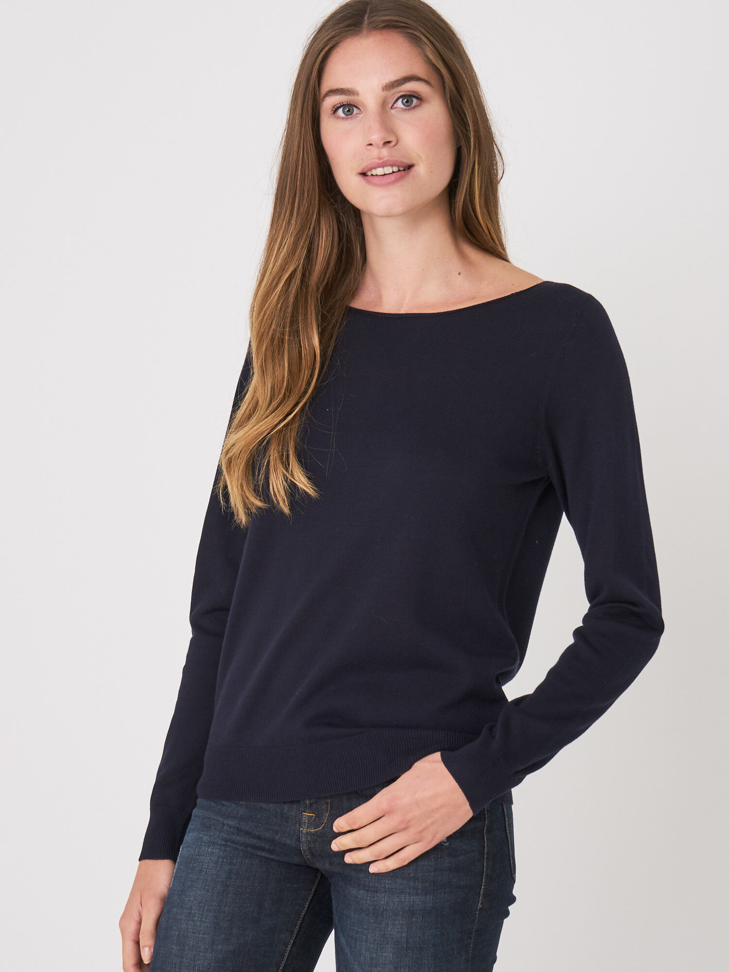 Basic boat neck cotton blend sweater