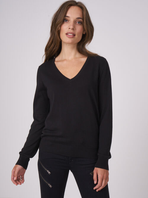 Basic sweater met V-hals van katoenmix