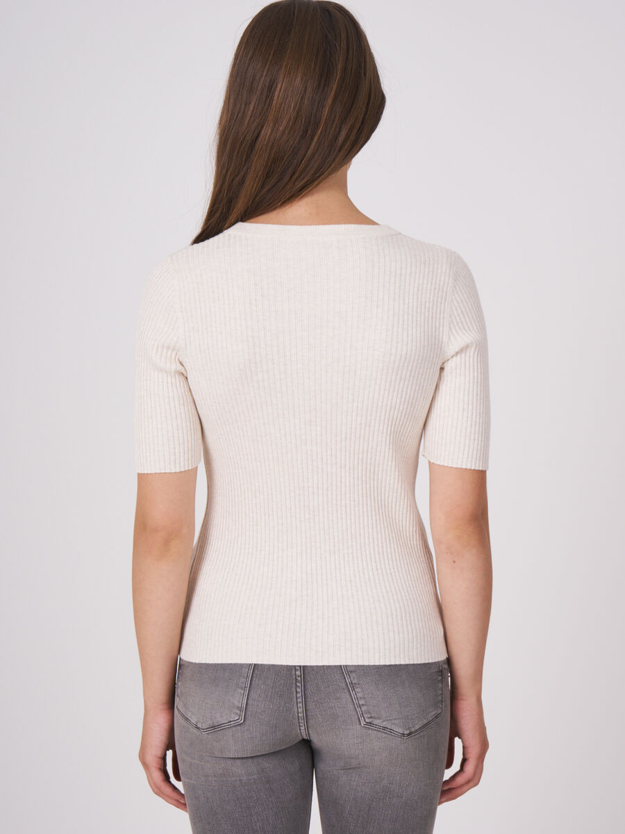 Fine rib knit short sleeve sweater image number 1