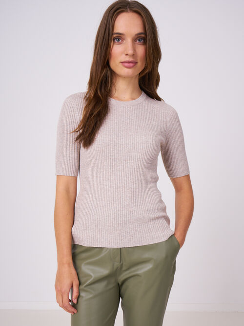 Fine rib knit short sleeve sweater