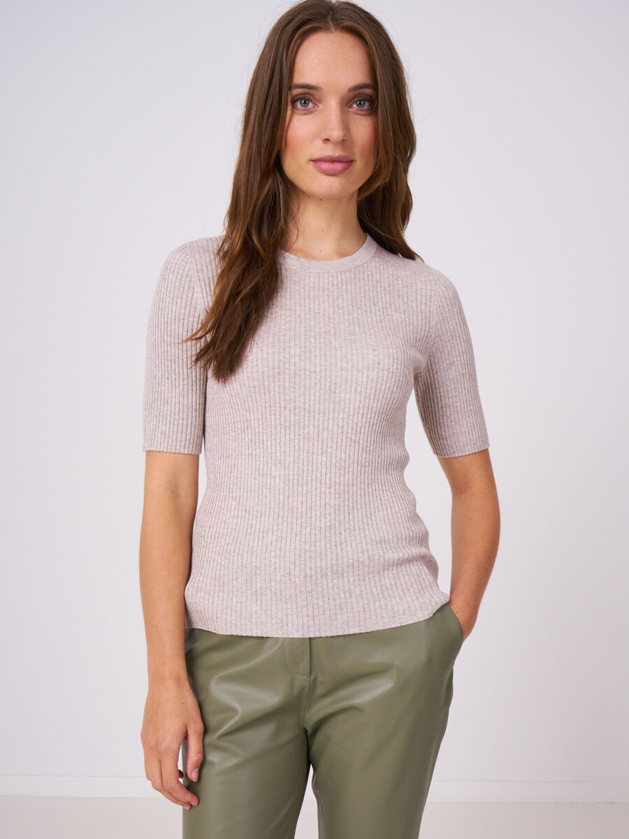 Fine rib knit short sleeve sweater image number 0