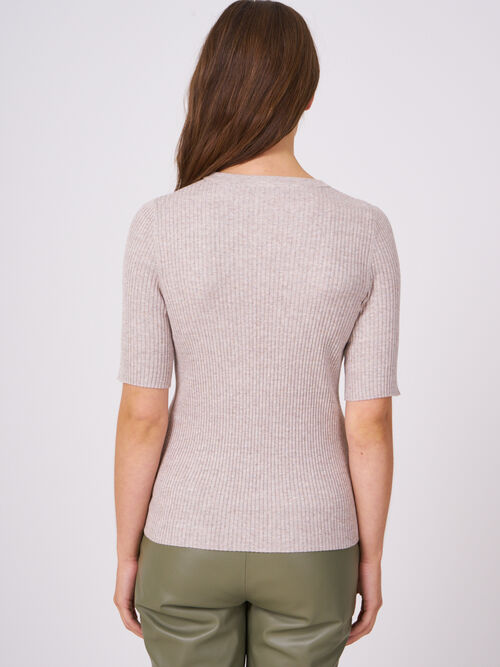 Fine rib knit short sleeve sweater