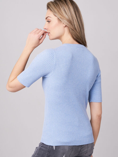 Fine rib knit short sleeve sweater