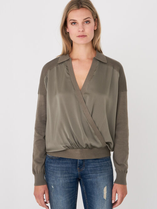 Silk-front shirt collar sweater with wrap front
