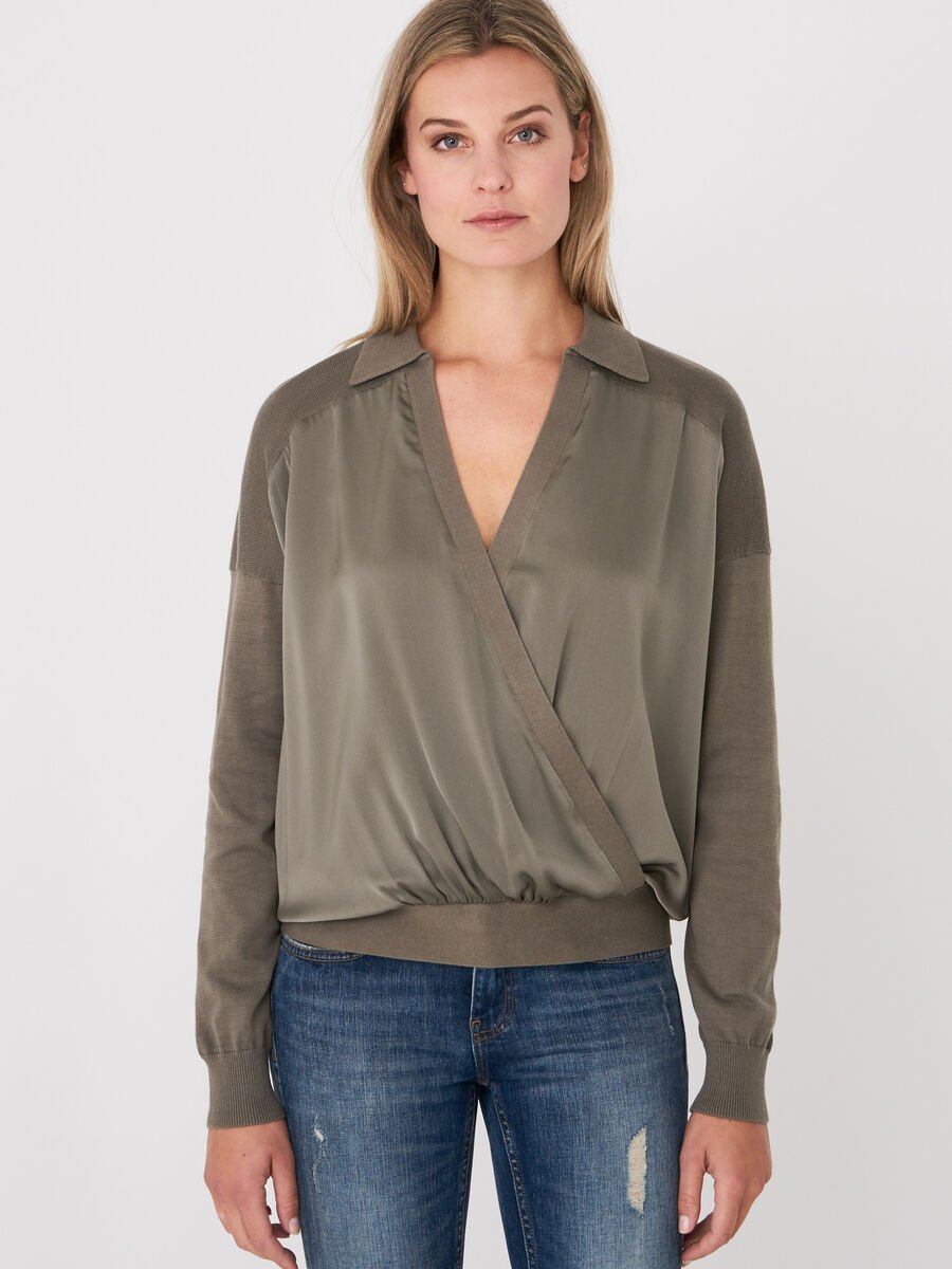 Silk-front shirt collar sweater with wrap front image number 0