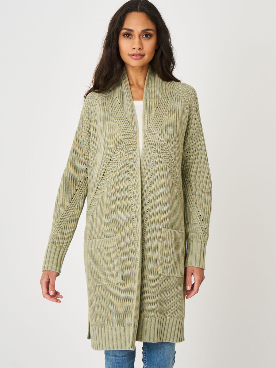 Long chunky rib knit cardigan with pointelle details image number 0