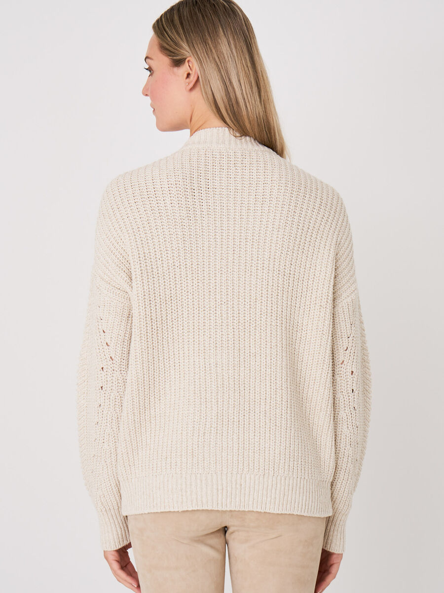 Italian cotton blend rib knit cardigan with pointelle details