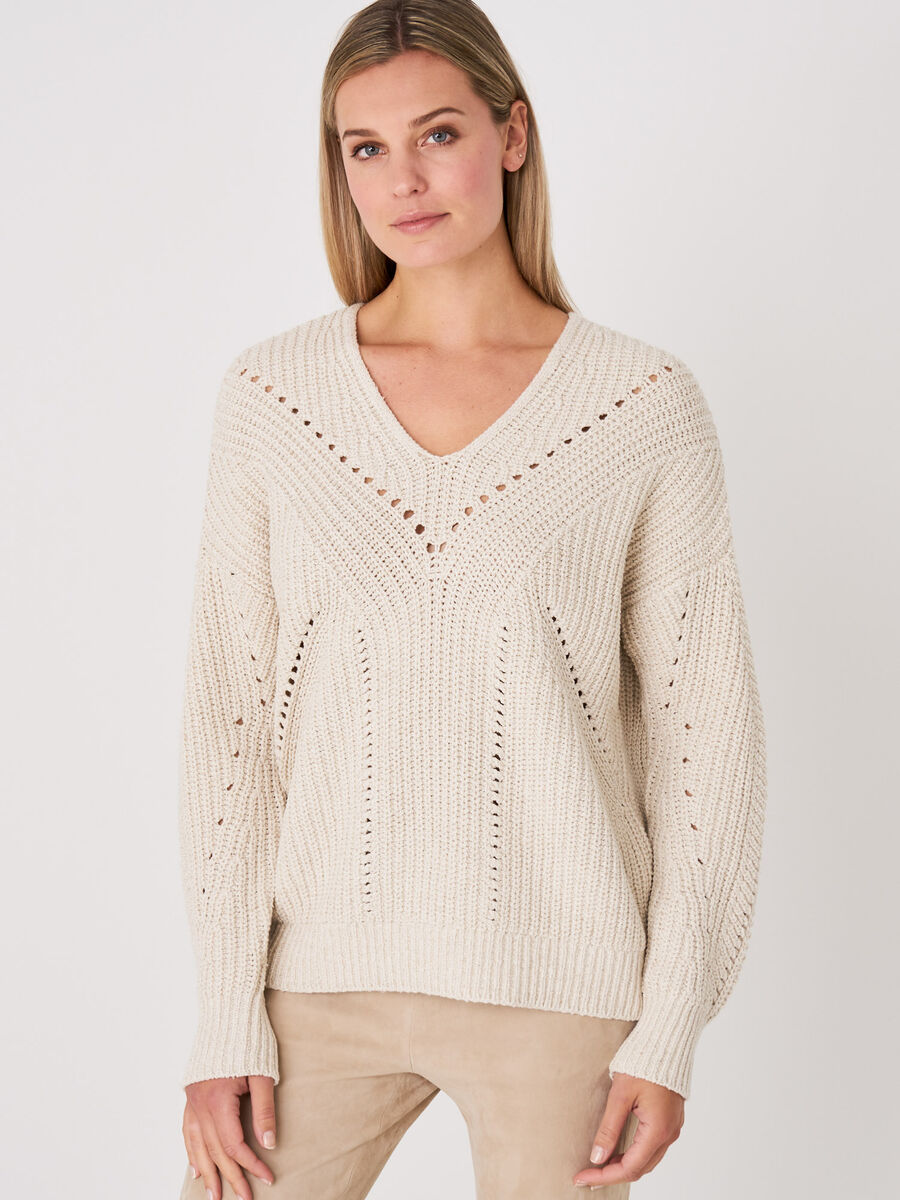 Italian cotton blend rib knit pullover with pointelle details image number 0