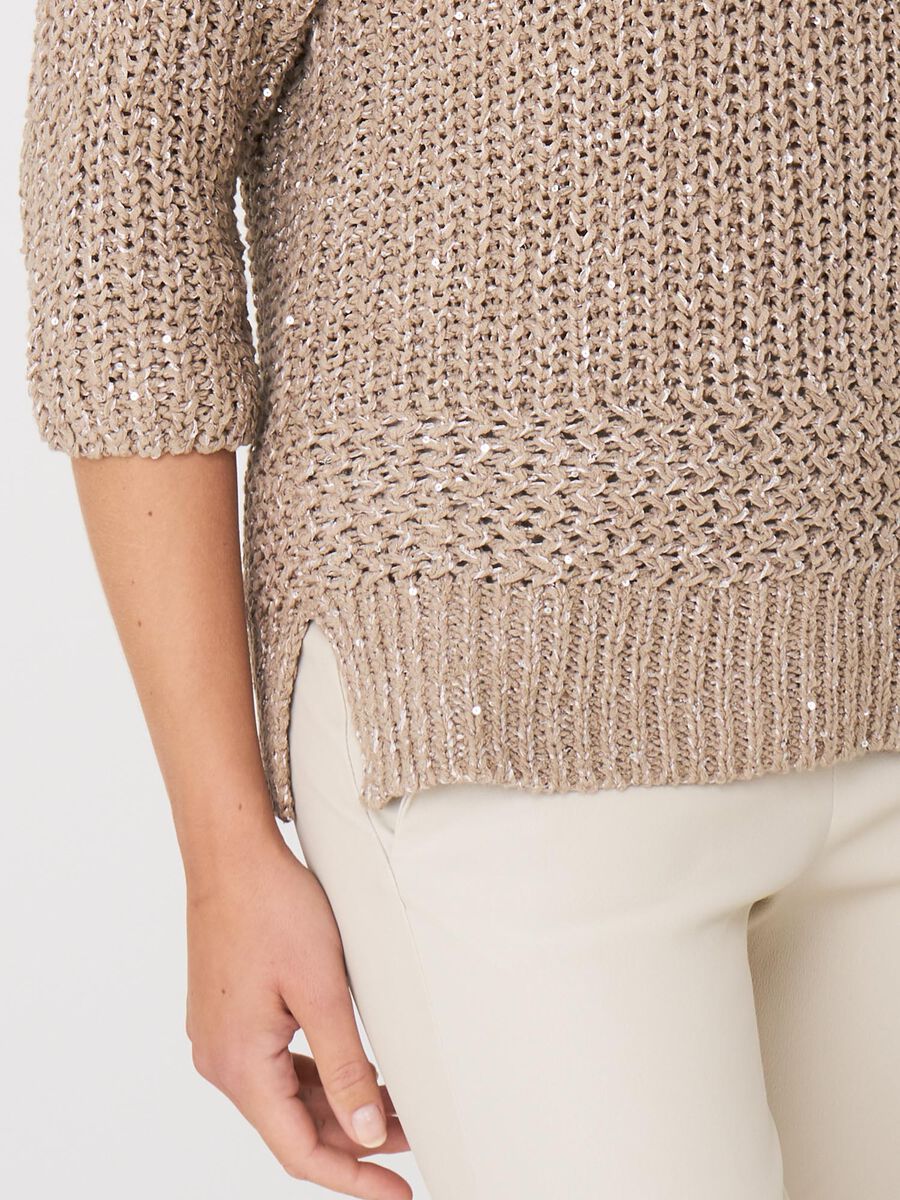 Italian cotton blend 3/4 sleeve boat neck sweater with sequins image number 2
