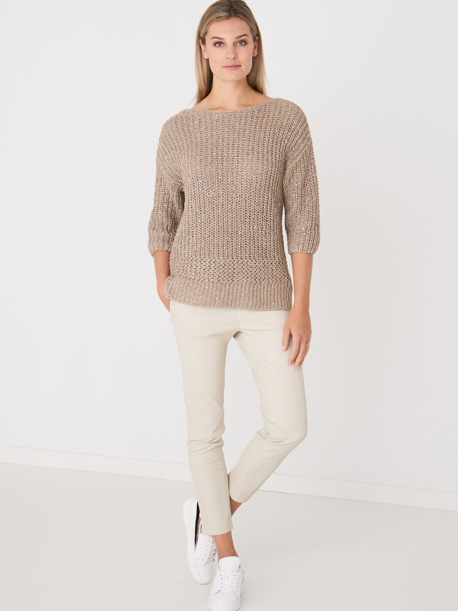 Italian cotton blend 3/4 sleeve boat neck sweater with sequins image number 3