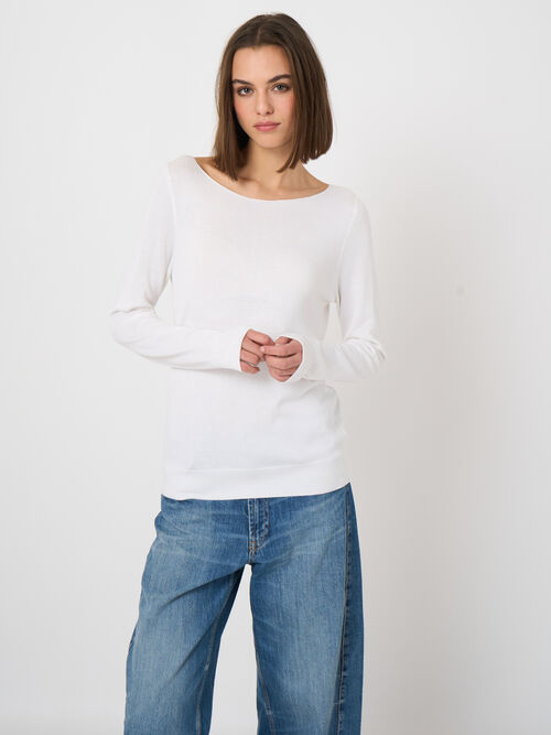 Fine-knit cotton-blend boat-neck sweater