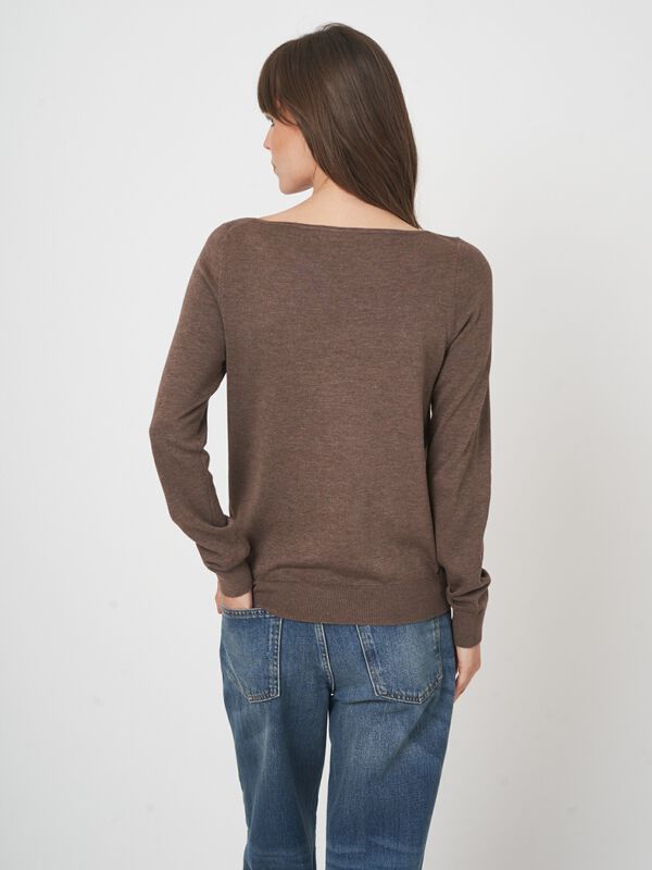 Pull col bateau en maille fine coton m&eacute;lang&eacute; image number 3