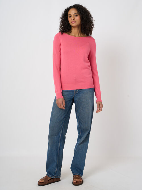 Pull col bateau en maille fine coton m&eacute;lang&eacute;