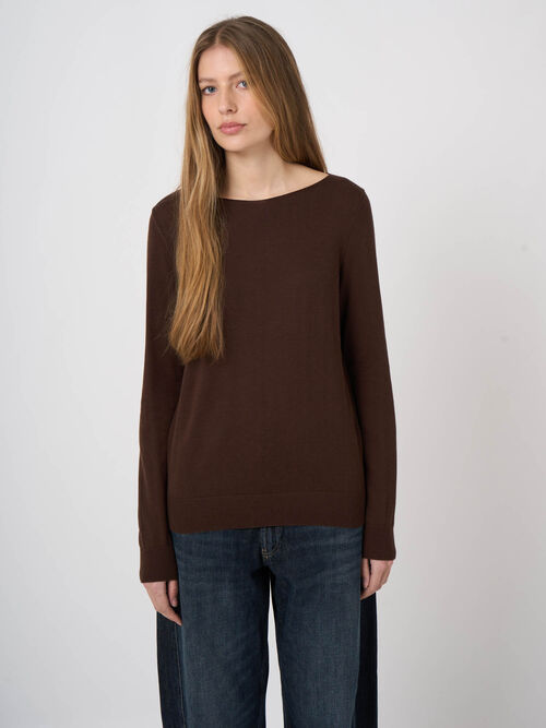 Cotton-Viscose Fine-Knit Boat-Neck Sweater