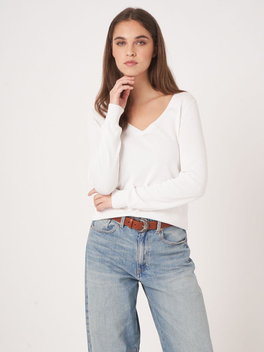 Basic Feinstrick-Pullover mit V-Ausschnitt aus Baumwollmischung image number 0