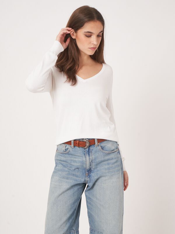 Basic Feinstrick-Pullover mit V-Ausschnitt aus Baumwollmischung image number 1