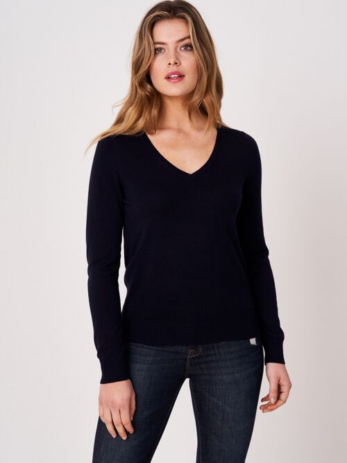 Basic Feinstrick-Pullover mit V-Ausschnitt aus Baumwollmischung