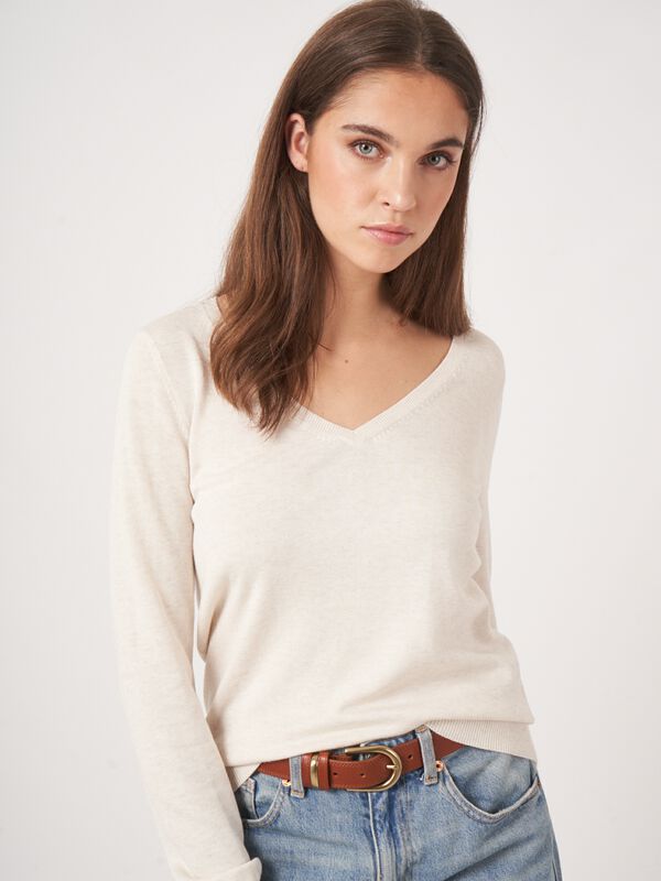 Basic Feinstrick-Pullover mit V-Ausschnitt aus Baumwollmischung image number 2