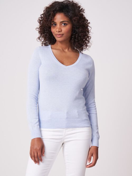 Pull basique &agrave; col en V en coton m&eacute;lang&eacute;