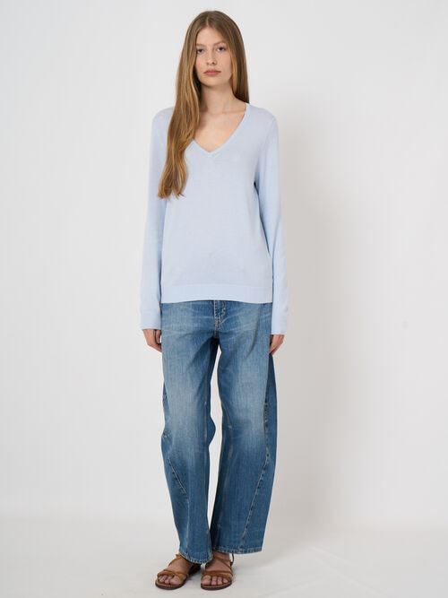 Pull col V en maille fine, coton m&eacute;lang&eacute;