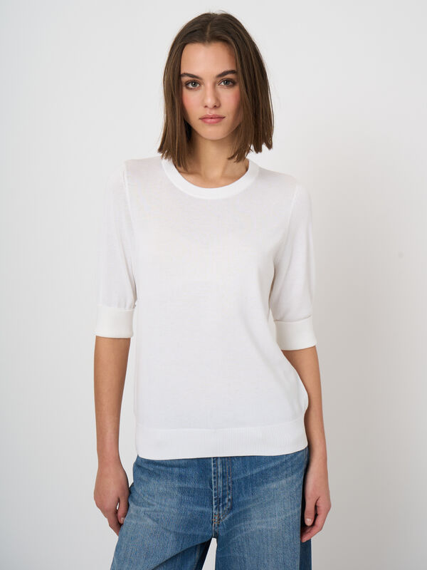 Feinstrick-Kurzarm-Pullover aus atmungsaktivem Baumwollmix image number 0