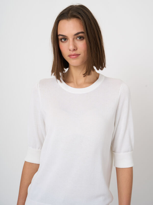 Feinstrick-Kurzarm-Pullover aus atmungsaktivem Baumwollmix image number 1