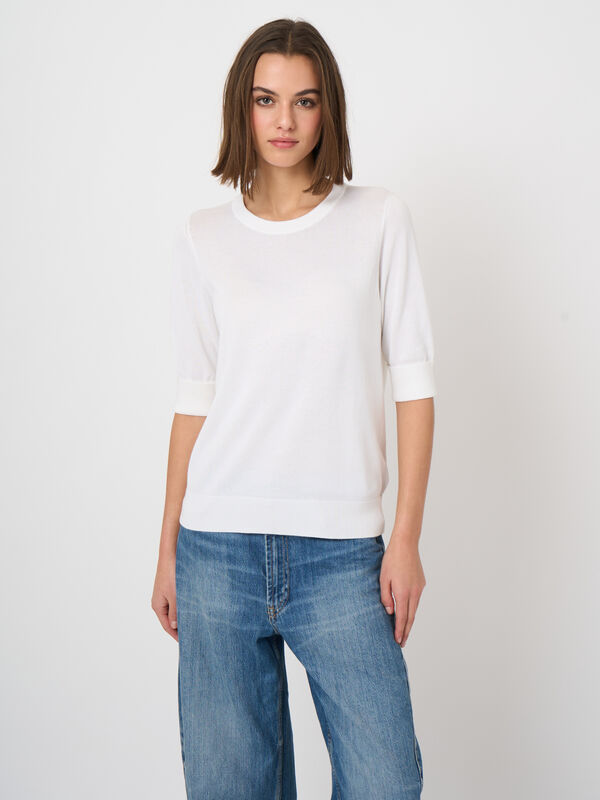 Feinstrick-Kurzarm-Pullover aus atmungsaktivem Baumwollmix image number 2