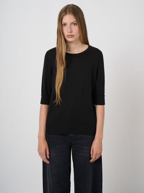 Pull fin femme &mdash; manches courtes & coton m&eacute;lang&eacute;