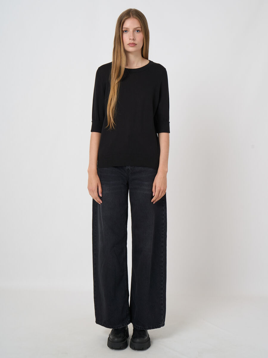 Fine-knit cotton-blend short-sleeve sweater image number 3