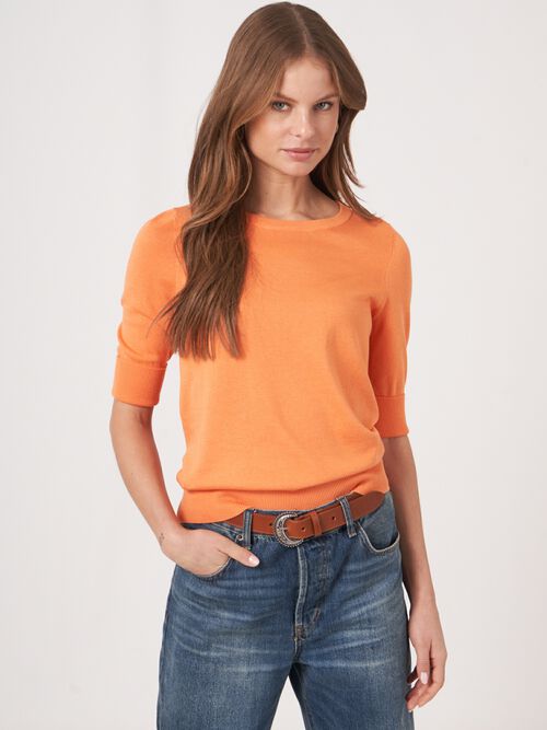 Pull basique à manches courtes en maille fine en coton mélangé