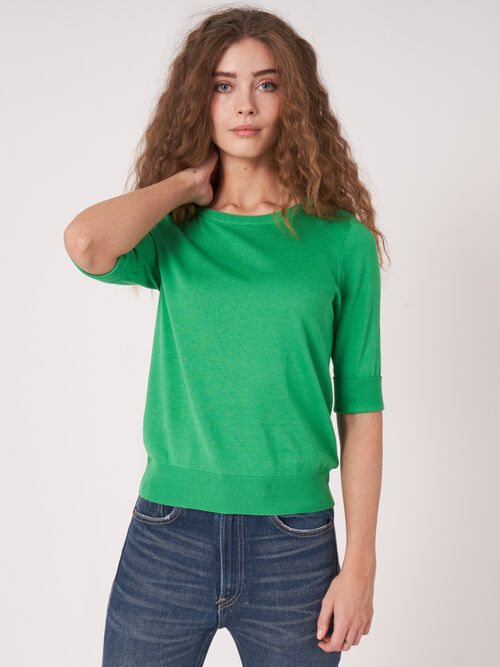 Pull basique &agrave; manches courtes en maille fine en coton m&eacute;lang&eacute;