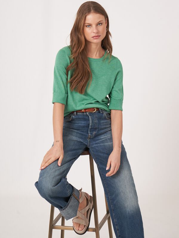 Basic fine knit short sleeve pullover cotton blend image number 0