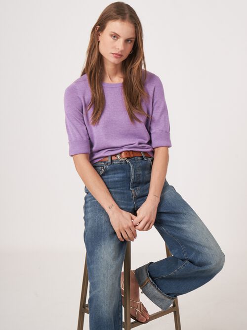 Pull basique &agrave; manches courtes en maille fine en coton m&eacute;lang&eacute;