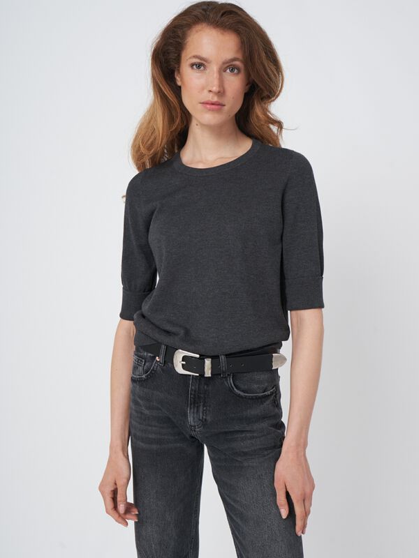 Basic fine knit short sleeve pullover cotton blend image number 1