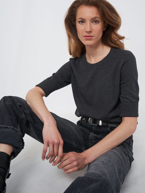 Basic Feinstrick-Pullover mit V-Ausschnitt aus Baumwollmischung image number 0
