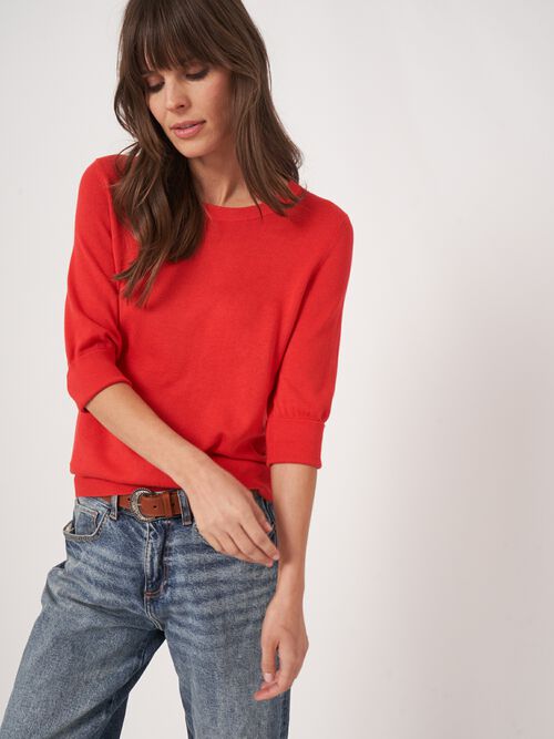 Basic fine knit short sleeve pullover cotton blend