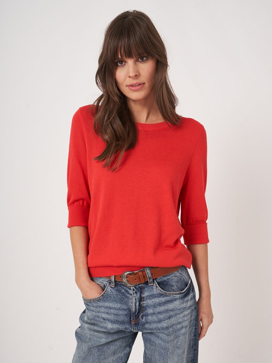 Feinstrick-Kurzarm-Pullover aus atmungsaktivem Baumwollmix image number 2