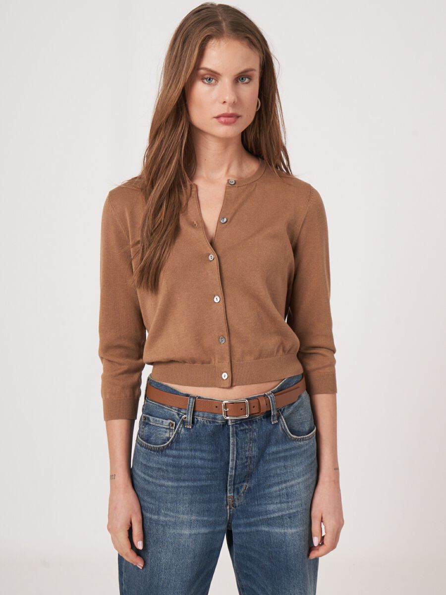 Cropped cardigan with crew neck in organic cotton blend image number 0
