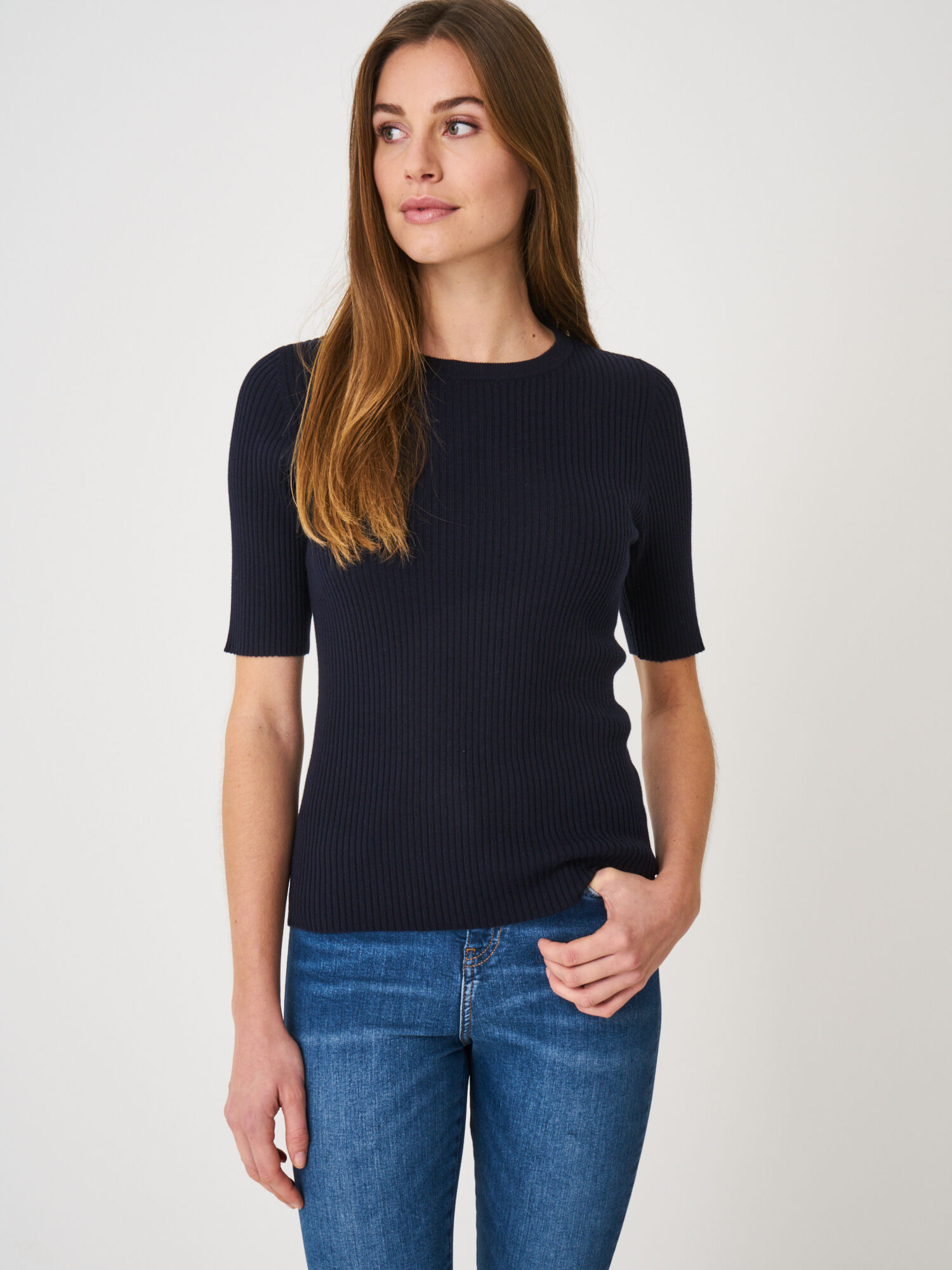 Ribbed Crew Neck Fitted Short Sleeve Jumper