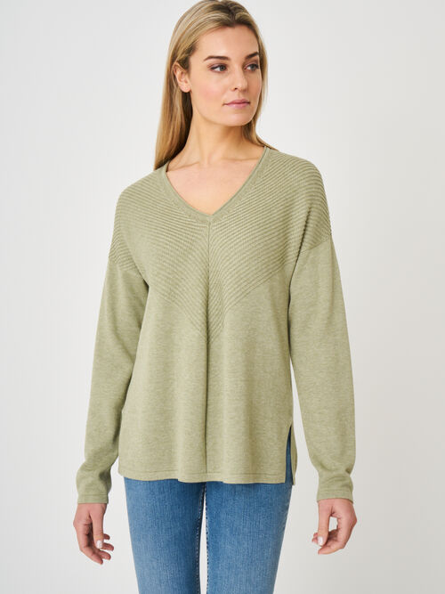 Fine organic cotton blend V-neck sweater with rib knit details