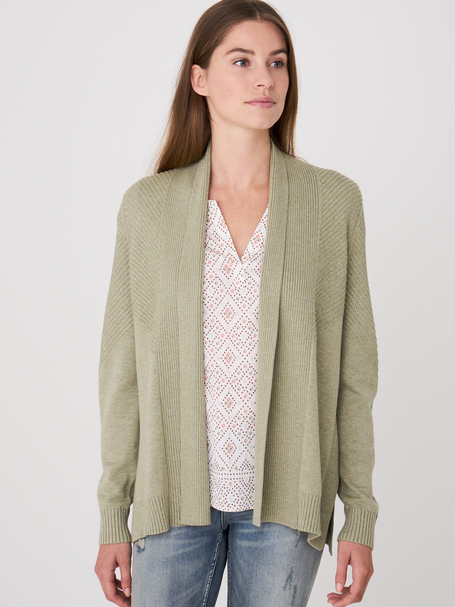 Open cardigan with rib knit details and shawl collar