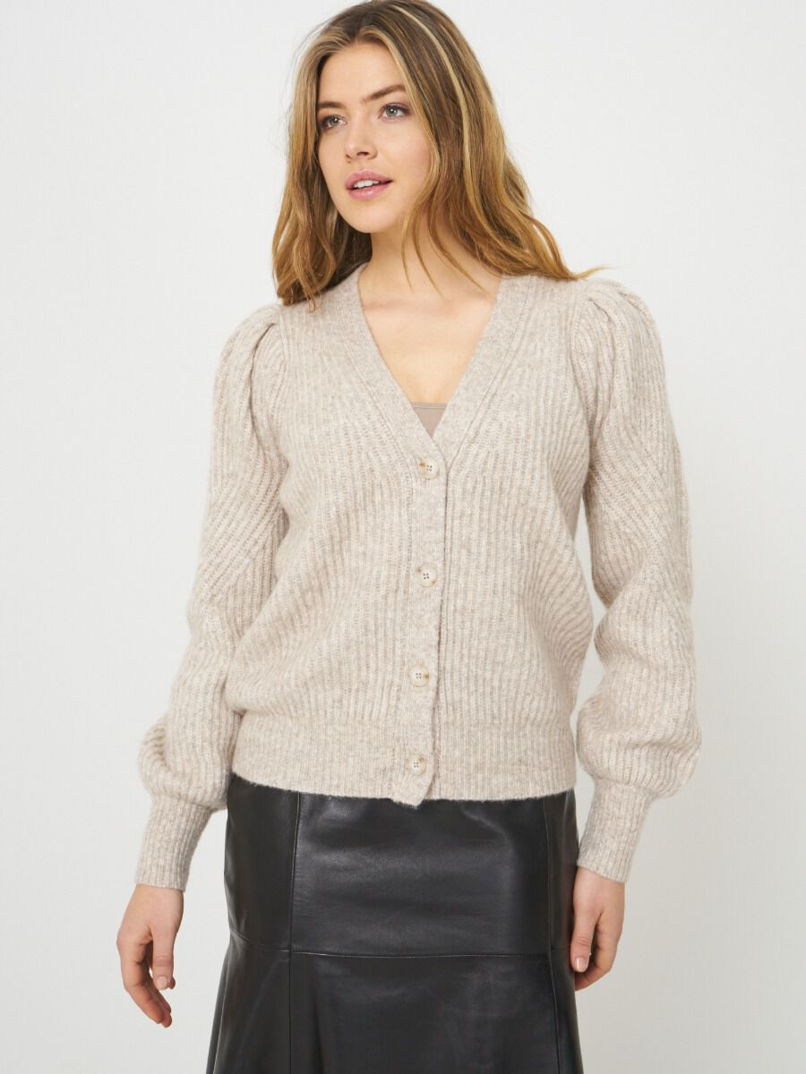 Buttoned rib knit cardigan with puff sleeves image number 0