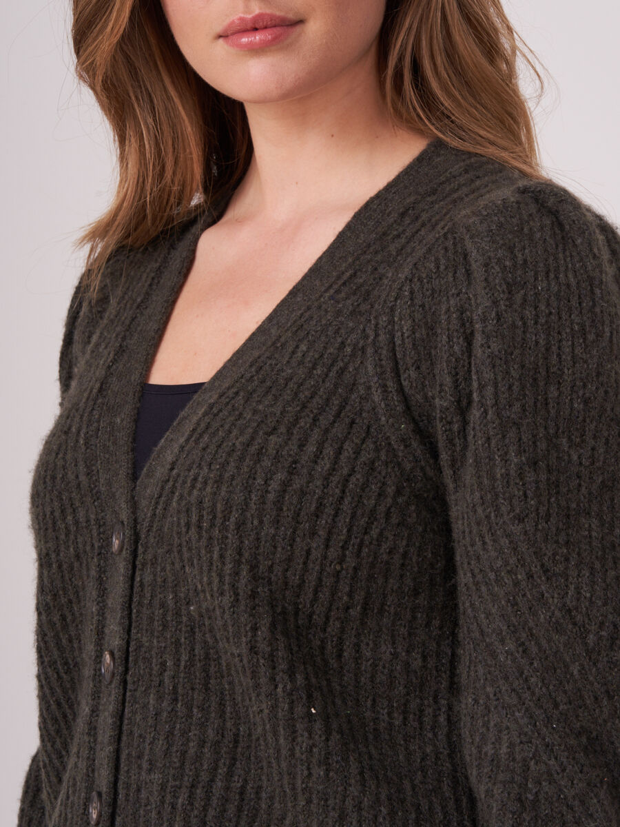 Cardigan met ribtextuur en pofmouwen image number 2