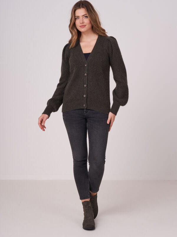 Buttoned rib knit cardigan with puff sleeves image number 3