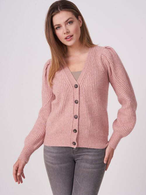 Cardigan met ribtextuur en pofmouwen